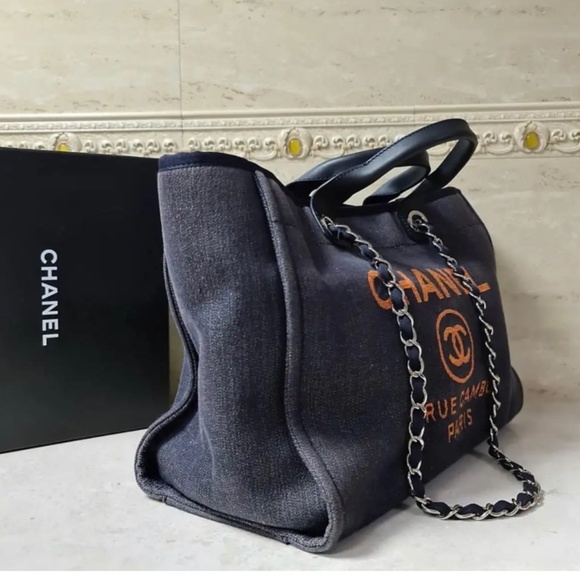 Authentic CHANEL Navy and Orange Logo Satchel - Picture 7 of 15